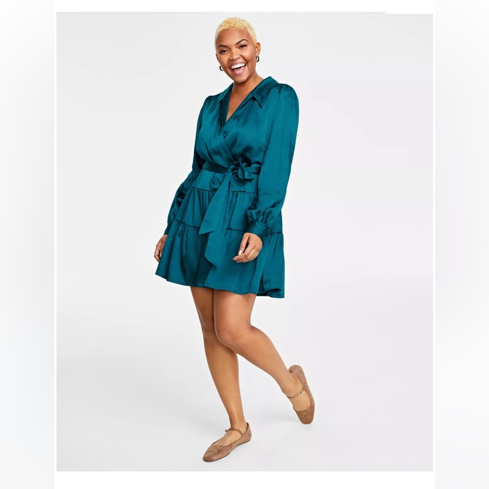Macy’s Satin Wrap Dress in Deep Lagoon -Small